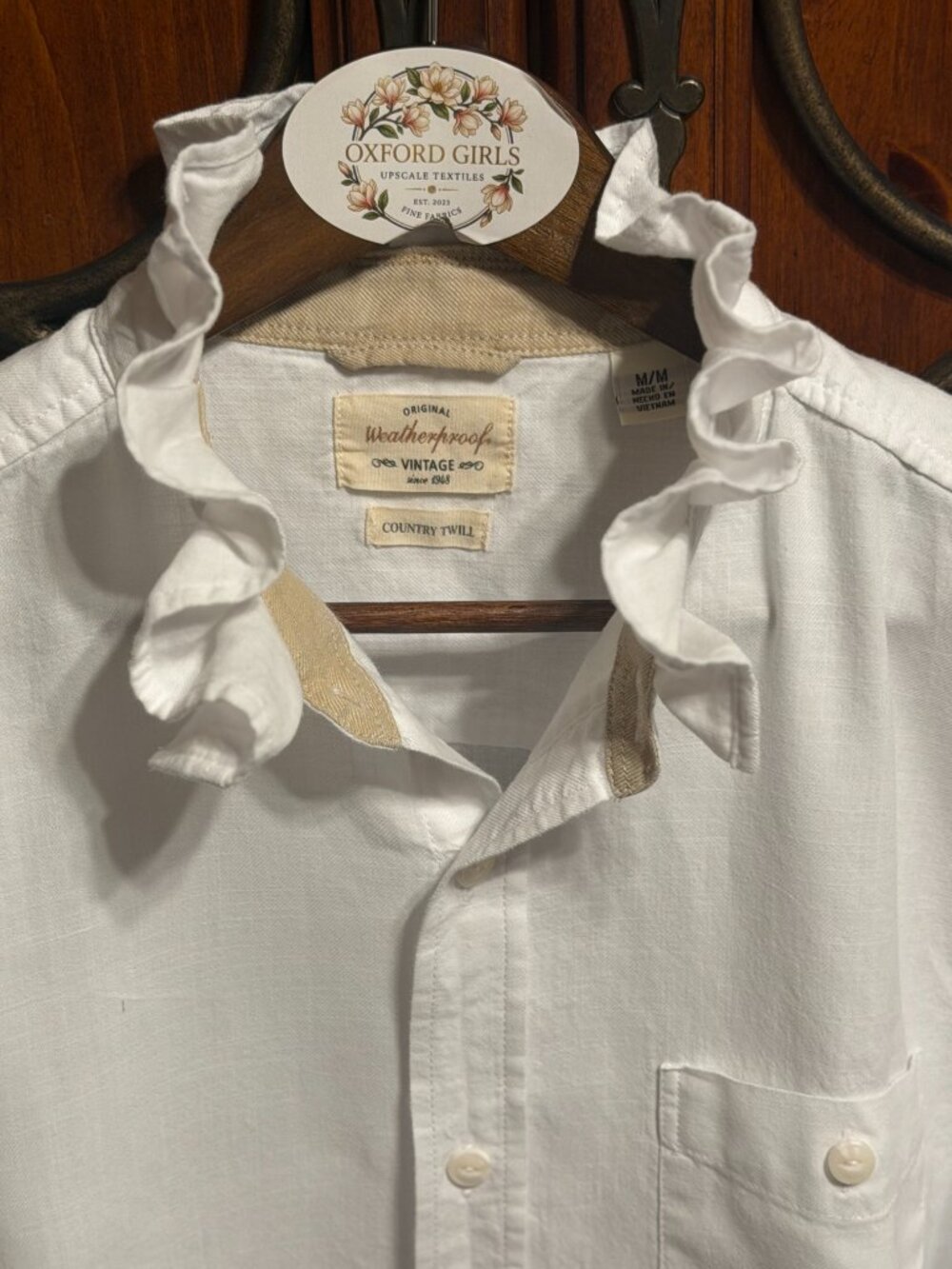 🤍 Upcycled White Ruffle Collar Oxford Blouse | Women’s Size L 🤍